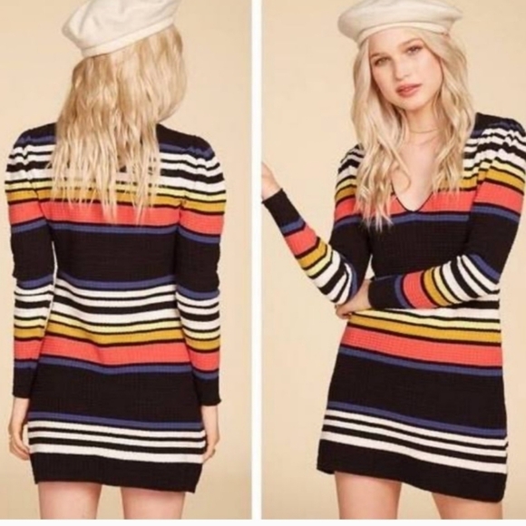 Free People Dresses & Skirts - Free People Womens Sweater Dress Sz SP Rainbow Knit Stripes V Neck Stretchy Fall